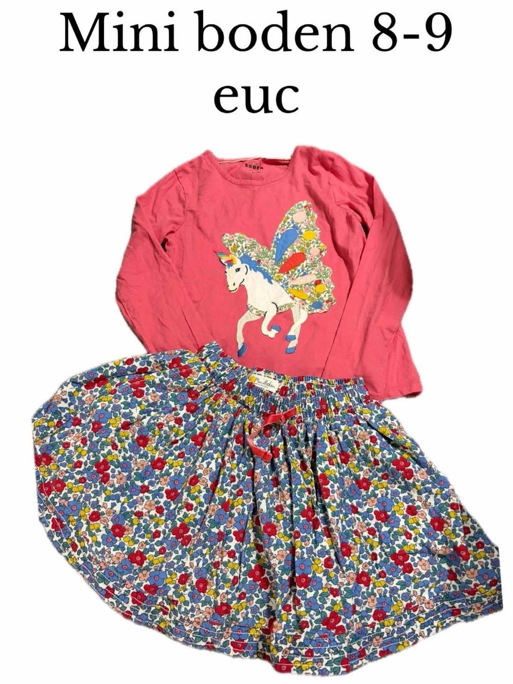 Mini boden 8/9 cord floral skirt & unicorn shirt